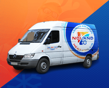 White service van with Noland Heat and Air logo and "Serving Arkansas" text on the side, on a blue and orange background.