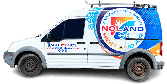 White HVAC service van with Noland Heat and Air branding, phone number, and colorful logo design on the side.