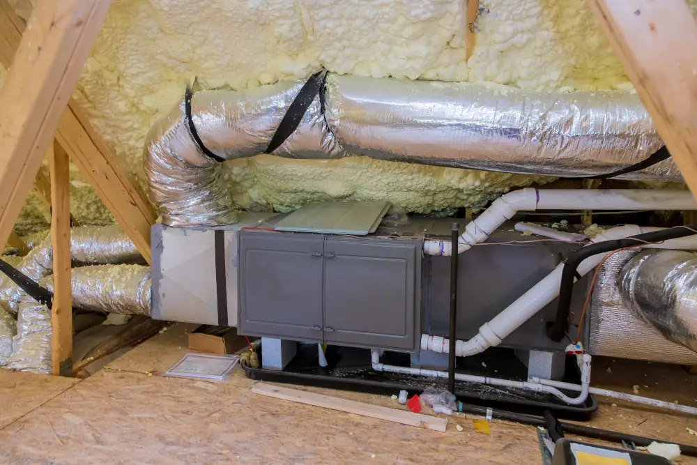 Furnace Installation & Maintenance Costs in Arkansas - Picture of a heating system installed in the attic of someone's home.