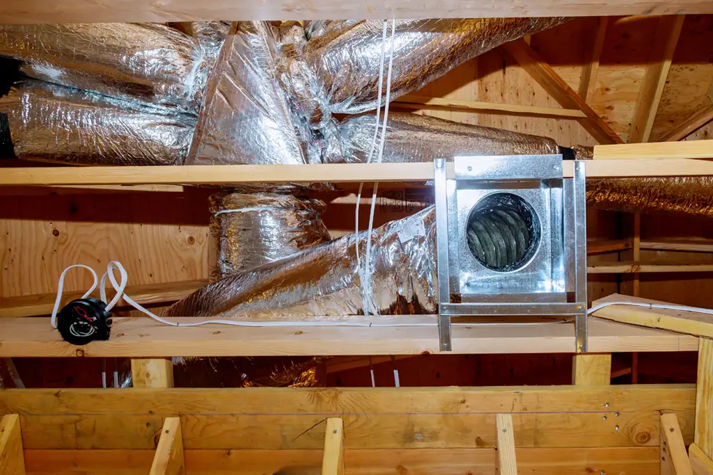 Newly installed air ducts on a newly constructed wooden structure