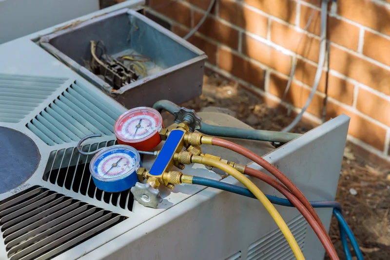 HVAC unit with colorful gauges and hoses against a brick wall.