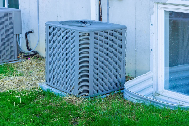 Gray outdoor HVAC unit installed beside a building with a basement window and green grass nearby.