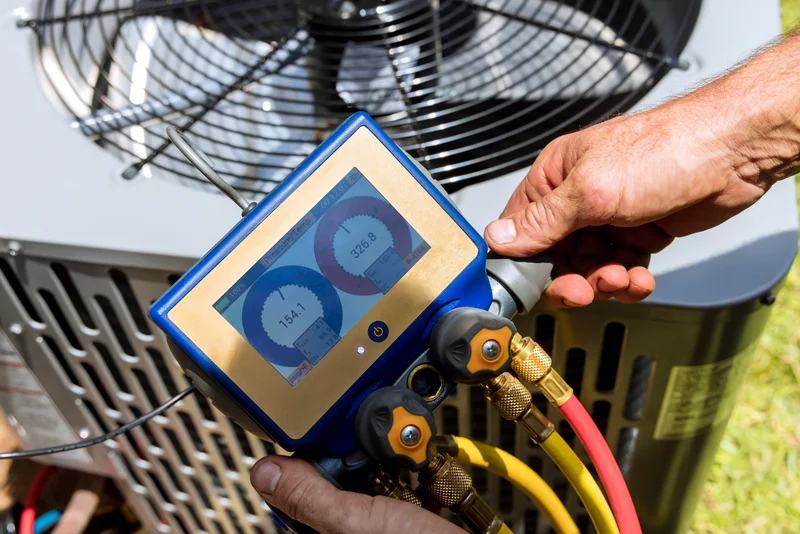 Technician checking HVAC pressure with a digital gauge.