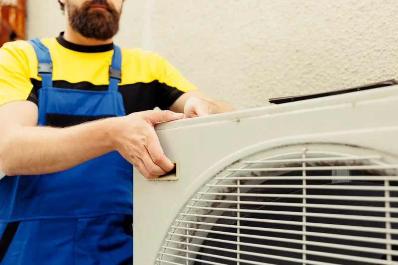 Technician in blue overalls adjusting an outdoor air conditioning unit.