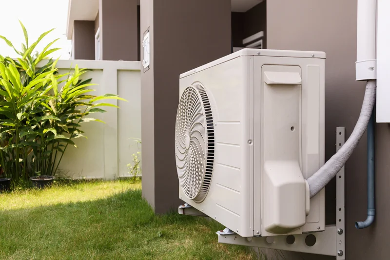 Outdoor air conditioning unit mounted on the exterior of a modern home next to a grassy yard and plants.