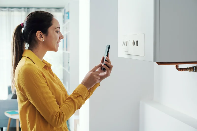 Woman in yellow shirt using smartphone in front of a wall-mounted heater.